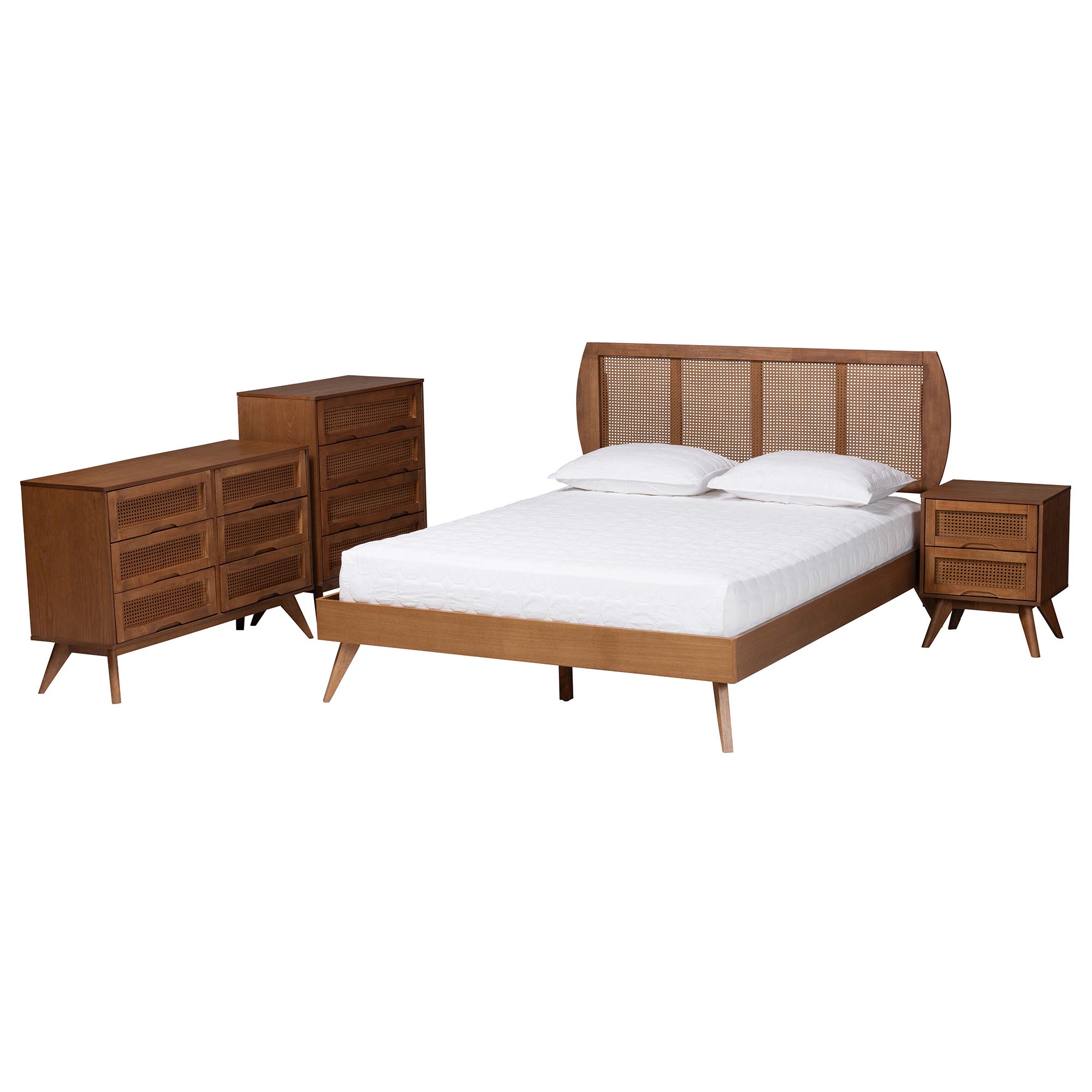 Baxton Studio Asami Mid-Century Modern Walnut Brown Finished Wood and Woven Rattan King Size 4-Piece Bedroom Set